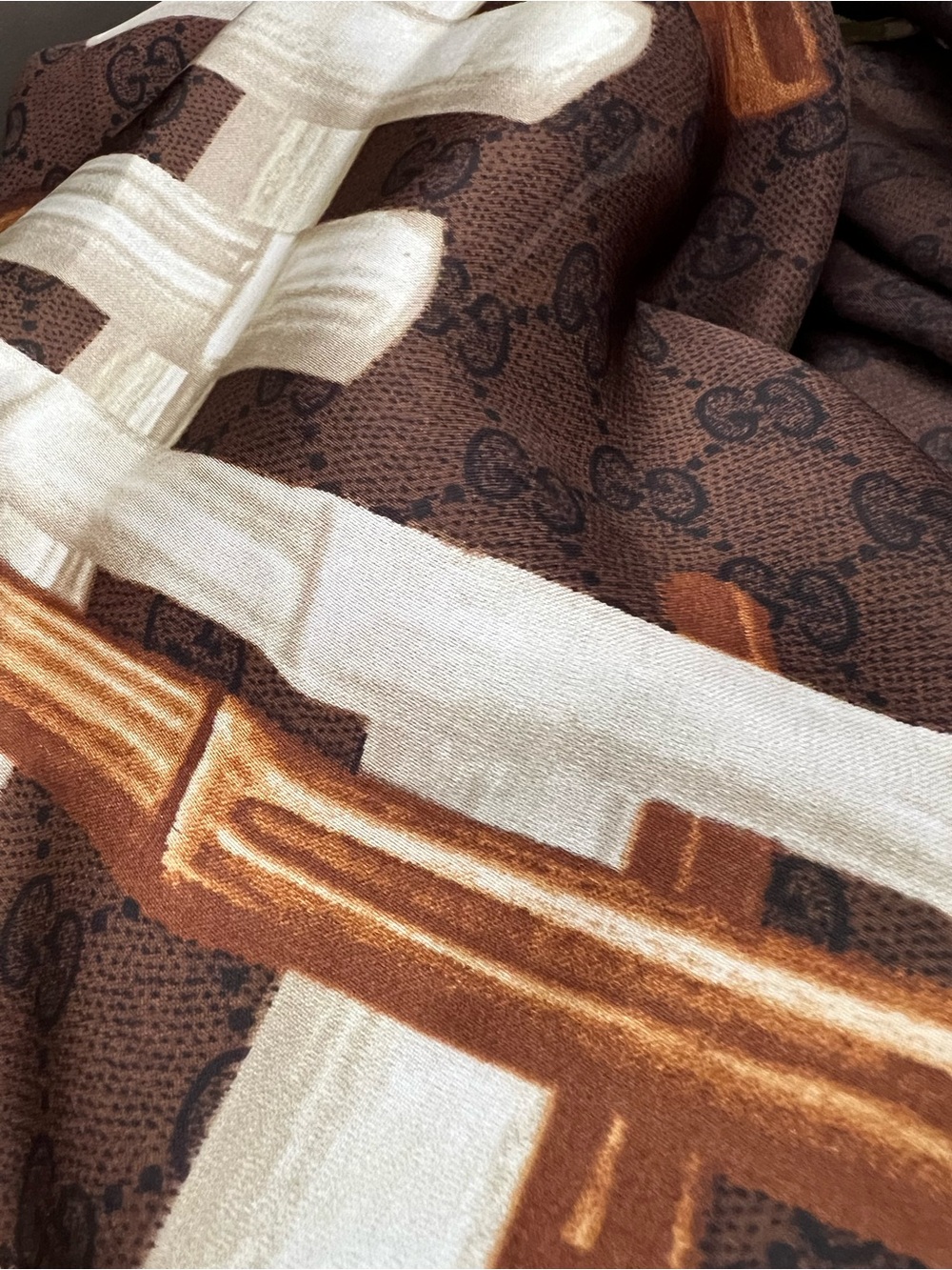 Silk Allover Logo & Bamboo Print Scarf Brown Gold Plaid Shawl Wrap 100% Silk NWT - Picture 6 of 8